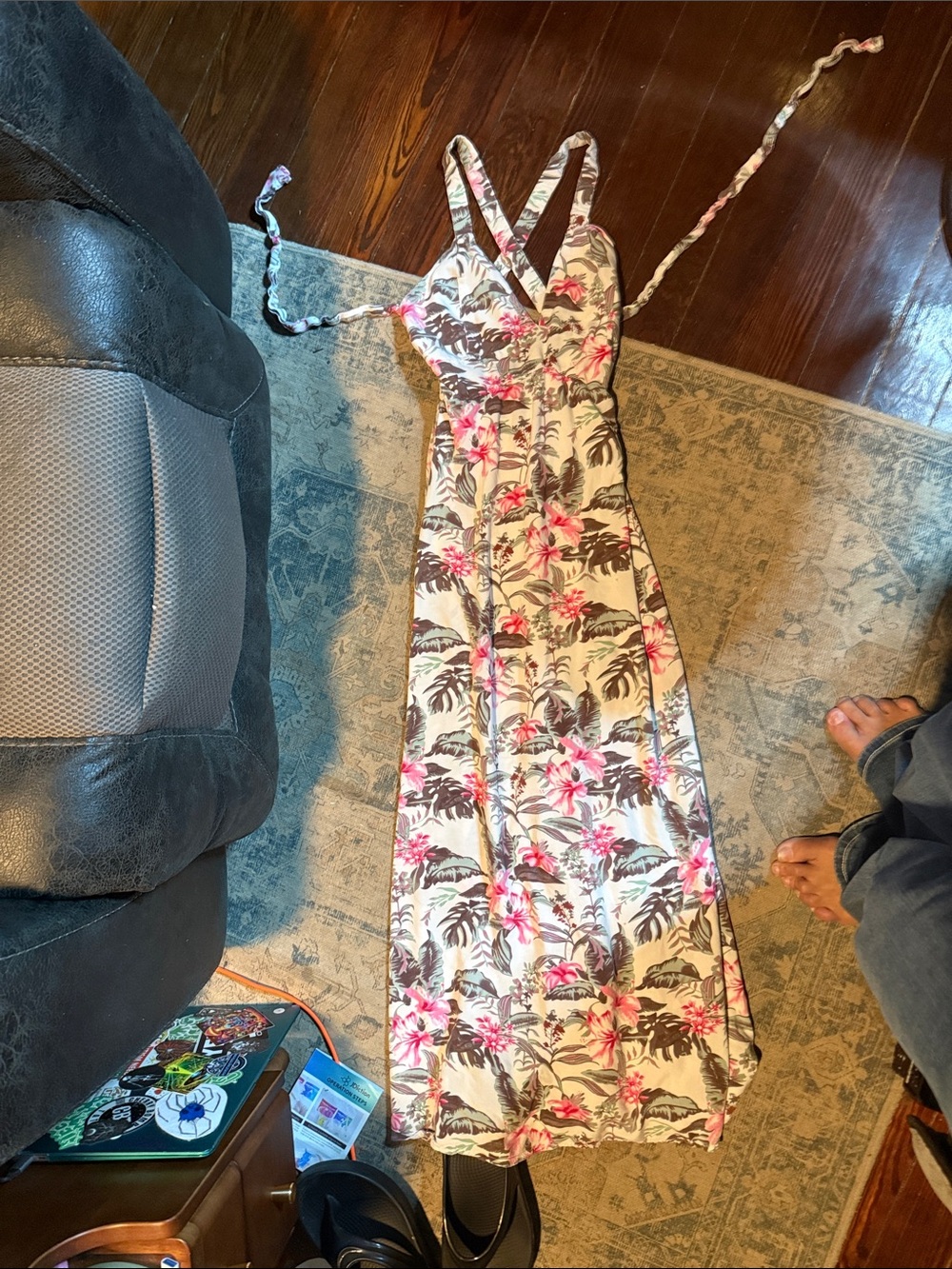 Floral V-Neck Maxi Dress in Cream with Pink Print